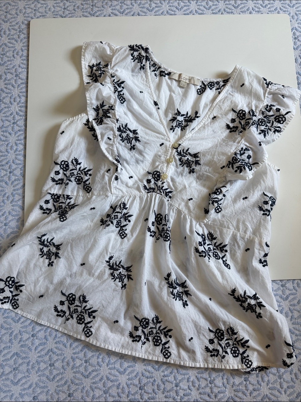 LOFT White Peplum Top with Black Floral Embroidery